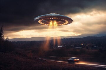 Fototapeta na wymiar UFO Hovering Over the Desert Landscape