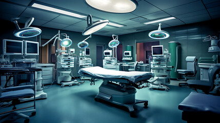 Interior of modern a modern hospital operating room. Created with Generative AI technology.