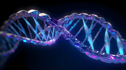 DNA molecule macro, blue string on screen, biological research, genes.Created with Generative AI technology.