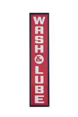 vertical wash and lube sign in red and white on a transparent background