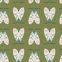 Abstract seamless pattern with butterflies. Vector folk art with moths on a green background. For fabric, t-shirt print, wallpaper, packaging