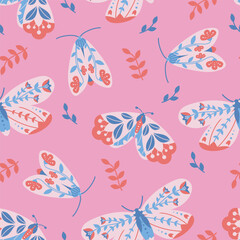 Abstract seamless pattern with butterflies (moths). Vector folk art with insects and leaves on a pink background. For fabric, t-shirt print, wallpaper, packaging