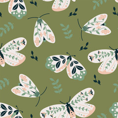 Abstract seamless pattern with butterflies (moths). Vector folk art with insects and leaves on a green background. For fabric, t-shirt print, wallpaper, packaging