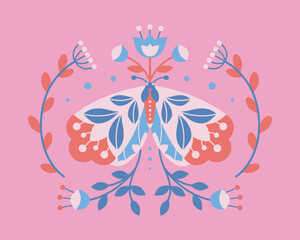Abstract symmetrical vector illustration. Colorful folk art moth with flowers, leaves in flat style on pink background