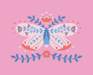 Abstract symmetrical vector illustration. Colorful folk art moth with flowers, leaves in flat style on pink background