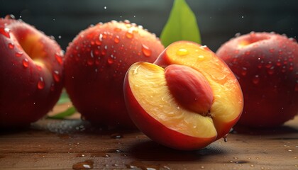 Extrem detaillierte Nahaufnahme eines frischen geschnittenen Pfirsichs - Generative AI