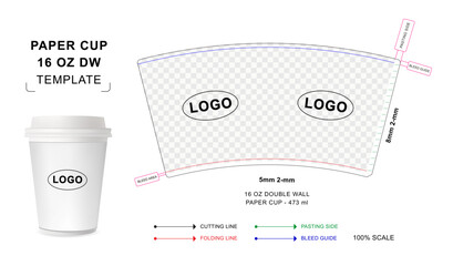 Paper cup die cut template for 16 ounce Double wall with 3D blank vector mockup for food packaging