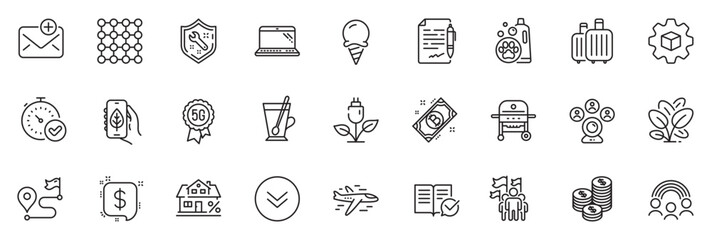 Fototapeta na wymiar Icons pack as Inclusion, Agreement document and Ice cream line icons for app include Airplane, Fast verification , Product development outline thin icon web set. Approved documentation. Vector