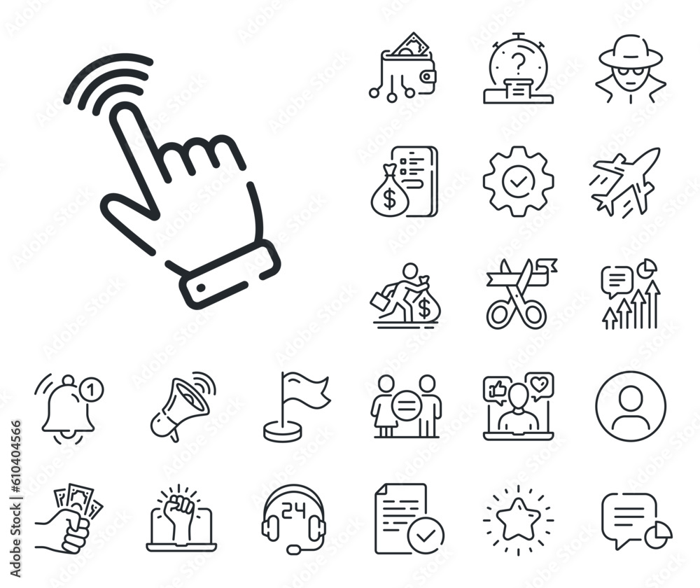 Poster click action sign. salaryman, gender equality and alert bell outline icons. hand cursor line icon. f