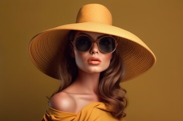 Portrait of a beautiful woman in glasses and a wide-brimmed hat. Studio photography. Generative AI