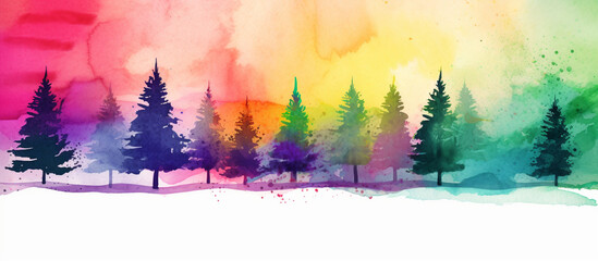 Watercolor illustration of colorful firs or pines for winter and christmas design. Generative AI.