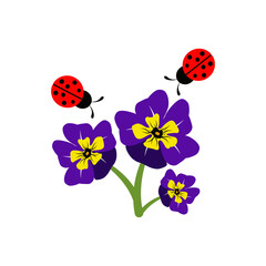 Cute print with Viola flowers and ladybugs on a white background.