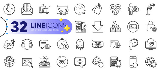 Outline set of Workflow, No card and Typewriter line icons for web with 24 hours, Luggage trolley, Sale tags thin icon. Online payment, Last minute, 360 degrees pictogram icon. Stars. Vector