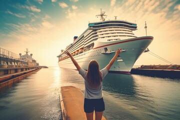 cruise liner reaching a port and woman waiting for it eagerly - obrazy, fototapety, plakaty