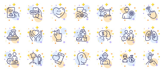 Outline set of Cursor, Employee and Pay line icons for web app. Include Leadership, Engineer, Online voting pictogram icons. Star, Hold heart, Salary signs. Technical documentation. Vector