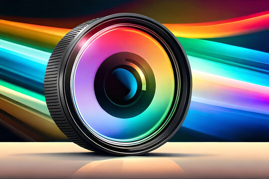 a camera lens with a prism, refracting light into a spectrum of colors, symbolizing the art and science of photography on World Photography Day
