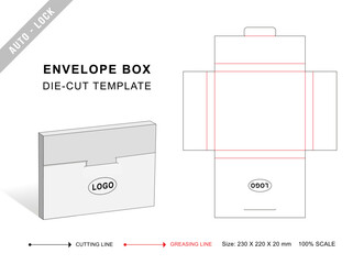 Simple envelope box die cut template with 3D blank vector mockup