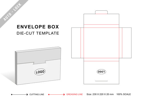 Simple envelope box die cut template with 3D blank vector mockup