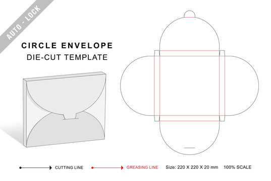 Circle shape envelope die cut template with 3D blank vector mockup