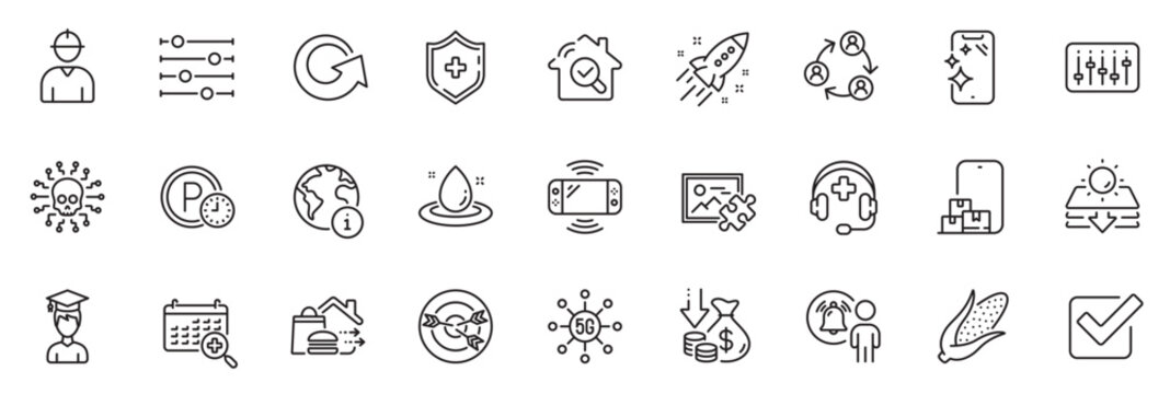 Icons pack as Food delivery, Online storage and Reload line icons for app include Filter, Corn, Teamwork outline thin icon web set. Smartphone clean, Deflation, Game console pictogram. Vector