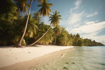Beautiful untouched tropical beach with white sand, palm trees, turquoise ocean against blue sky with clouds on sunny summer day. Perfect landscape paradise for relaxing vacation. Generative AI 