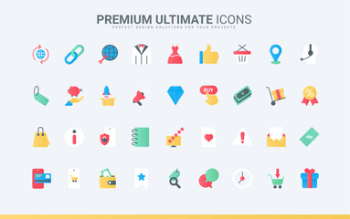 Store and marketplace price tag, support service and commercial promotion, secure of checkout and delivery of boxes. Online shop sales, commerce trendy flat icons set vector illustration