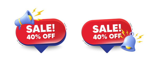 Sale 40 percent off discount. Speech bubbles with 3d bell, megaphone. Promotion price offer sign. Retail badge symbol. Sale chat speech message. Red offer talk box. Vector