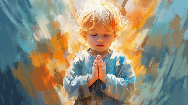 Little boy praying to God with hands held together, generative ai