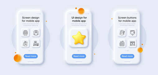 Furniture, Wallet and Suit line icons pack. 3d phone mockups with star. Glass smartphone screen. Baggage, Market, Online shopping web icon. Pillow, Discount tags pictogram. Vector