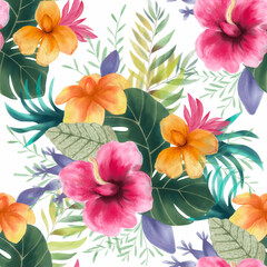 Watercolor seamless pattern with tropical flowers