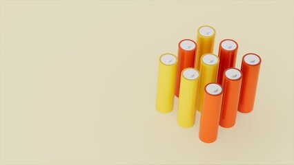 Nine electric batteries of yellow and orange colors on yellow stage, 3d illustration, energy theme