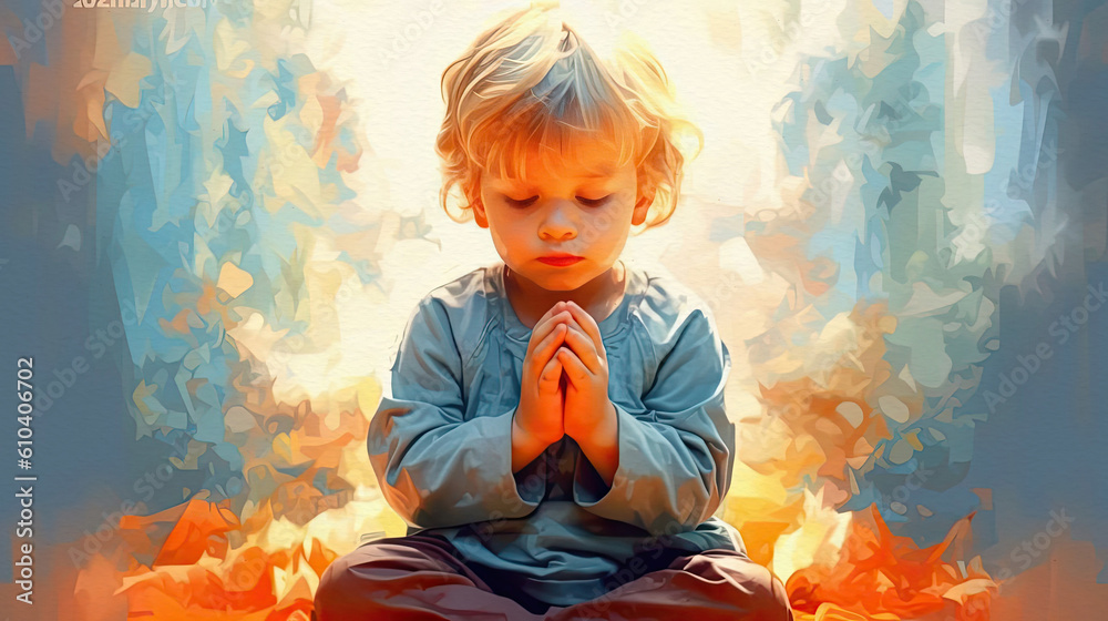 Sticker Little boy praying to God with hands held together, generative ai