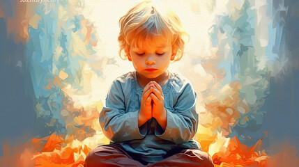 Little boy praying to God with hands held together, generative ai - obrazy, fototapety, plakaty