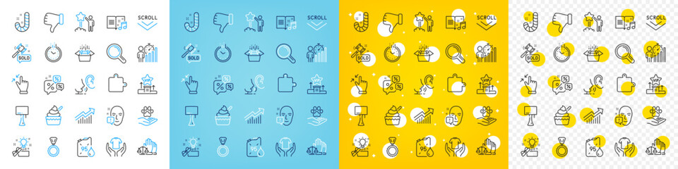 Vector icons set of Research, Creative idea and Puzzle line icons pack for web with Hold t-shirt, Pets care, Auction hammer outline icon. Business statistics, Face attention. Vector
