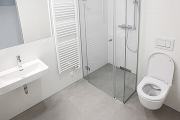 Interior of light bathroom with shower unit, toilet bowl and sink