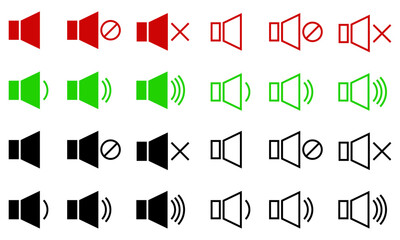 Volume icons in bright saturated colors. Outlines of volume control buttons. Audio, video, sound speaker. Vector icons set. Red, green and black