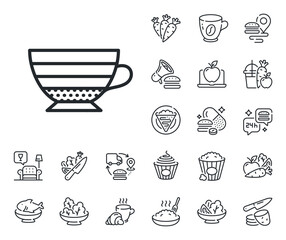 Hot drink sign. Crepe, sweet popcorn and salad outline icons. Cappuccino coffee icon. Beverage symbol. Cappuccino line sign. Pasta spaghetti, fresh juice icon. Supply chain. Vector