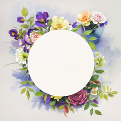 Watercolor illustration of  flower wreath, frame,  Floral arrangment graphic for wedding invitations, card, logo design. Generative AI.