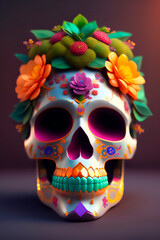 Skull on an offering table, decorated in the Dia de los Muertos style. Generative AI_9.