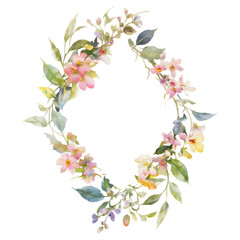 Obraz na płótnie Canvas Watercolor illustration of rhombus shaped flower wreath, frame, Floral arrangment graphic for wedding invitations, card, logo design. Generative AI.