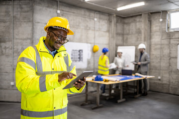 Construction site foreman in safety work wear typing on tablet computer while his coworkers planning in background.