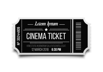 Cinema ticket isolated on white background. Retro movie coupon. Vector illustration.