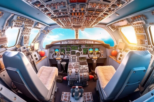 The cockpit of the aircraft pilot with the control panel. Generative AI