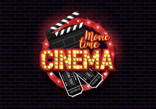 Movie time. Cinema banner or poster with retro billboard, tickets and clapperboard. Vector illustration.