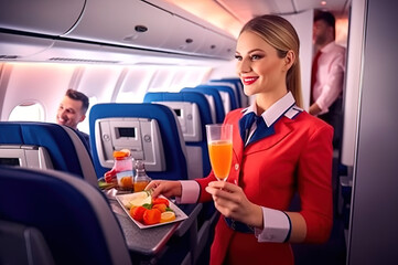 Flight attendant serving food to customers on the plane with a smile. Generative AI