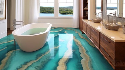 Modern bathroom with spectacular epoxy resin floor which you will definitely not find in every house. Generative AI Technology  - obrazy, fototapety, plakaty