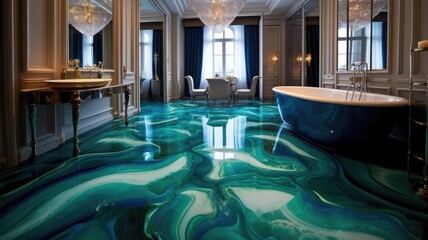 Modern bathroom with spectacular epoxy resin floor which you will definitely not find in every house. Generative AI Technology 