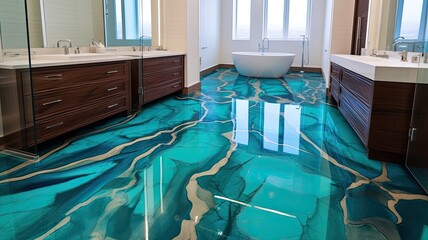 Modern bathroom with spectacular epoxy resin floor which you will definitely not find in every house. Generative AI Technology  - obrazy, fototapety, plakaty