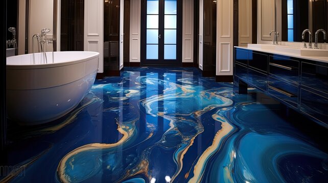 Modern bathroom with spectacular epoxy resin floor which you will definitely not find in every house. Generative AI Technology 