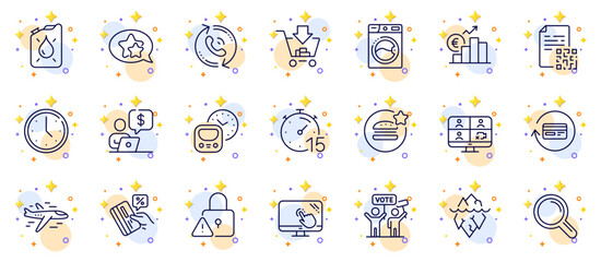 Fototapeta na wymiar Outline set of Canister, Best food and Business person line icons for web app. Include Airplane, Research, Touch screen pictogram icons. Timer, Shopping, Refund commission signs. Vector